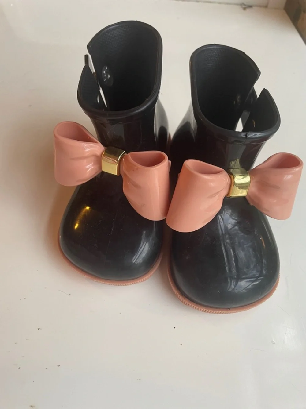 Mini Melissa Black Rain Boots with Pink Bow Accent